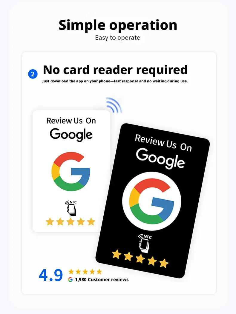 Supplier NFC review card graphic about phone setup with an illustrative review rating
