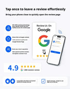 White NFC review card beside a phone with an illustrative customer review form