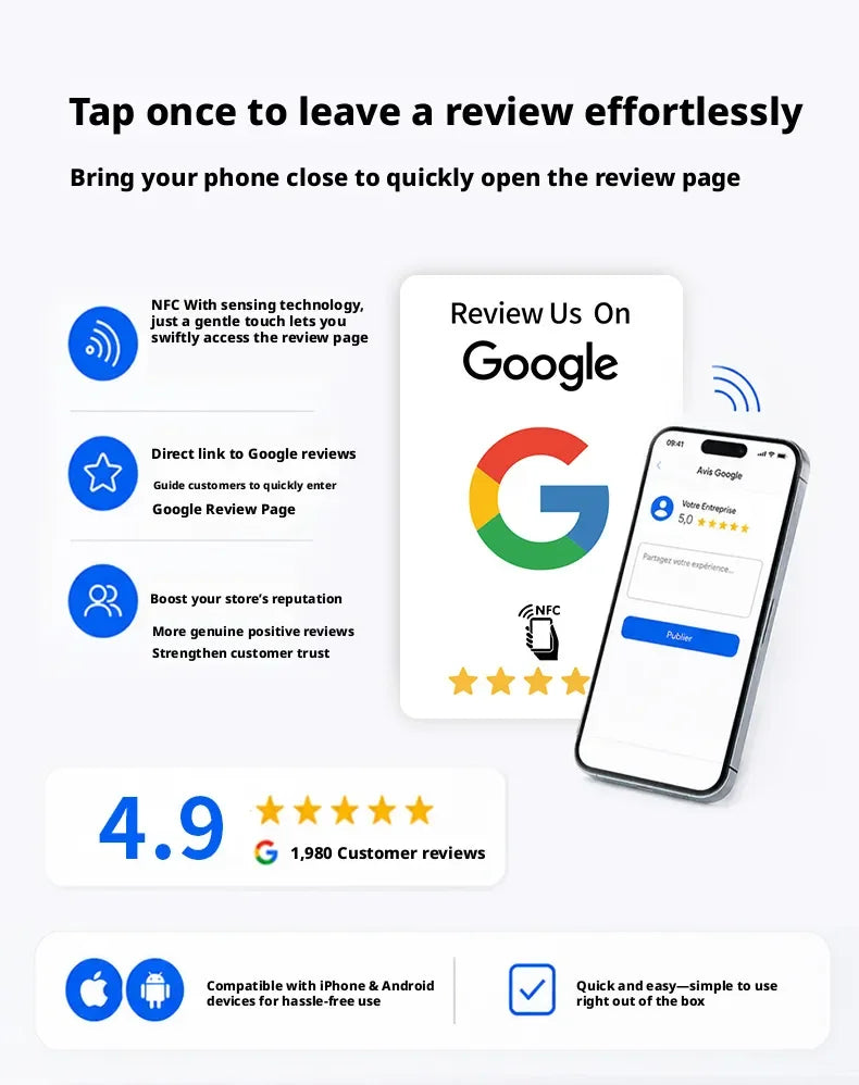 White NFC review card beside a phone with an illustrative customer review form