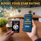 Customer holding a black NFC review card beside a phone at a restaurant table