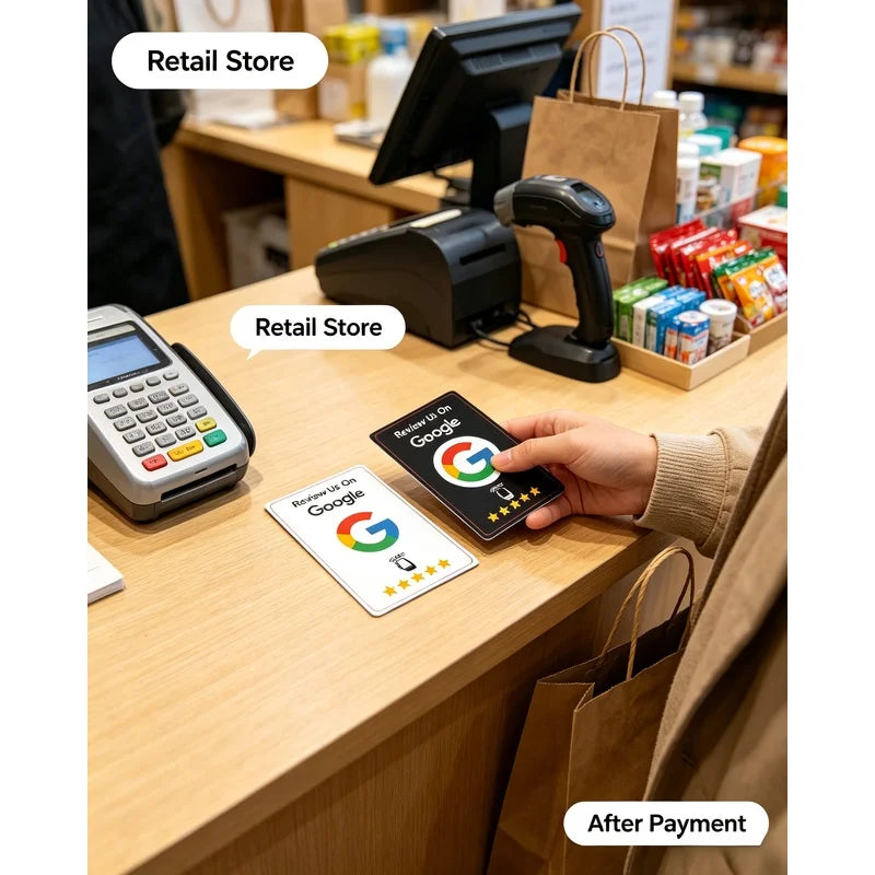 Black and white NFC review cards at a retail checkout beside payment equipment