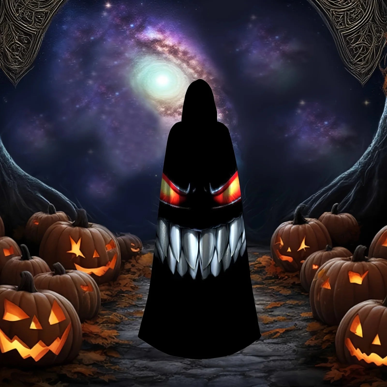 Nightmare Grin Costume Cape worn from behind on a fantasy pumpkin path beneath a glowing night sky