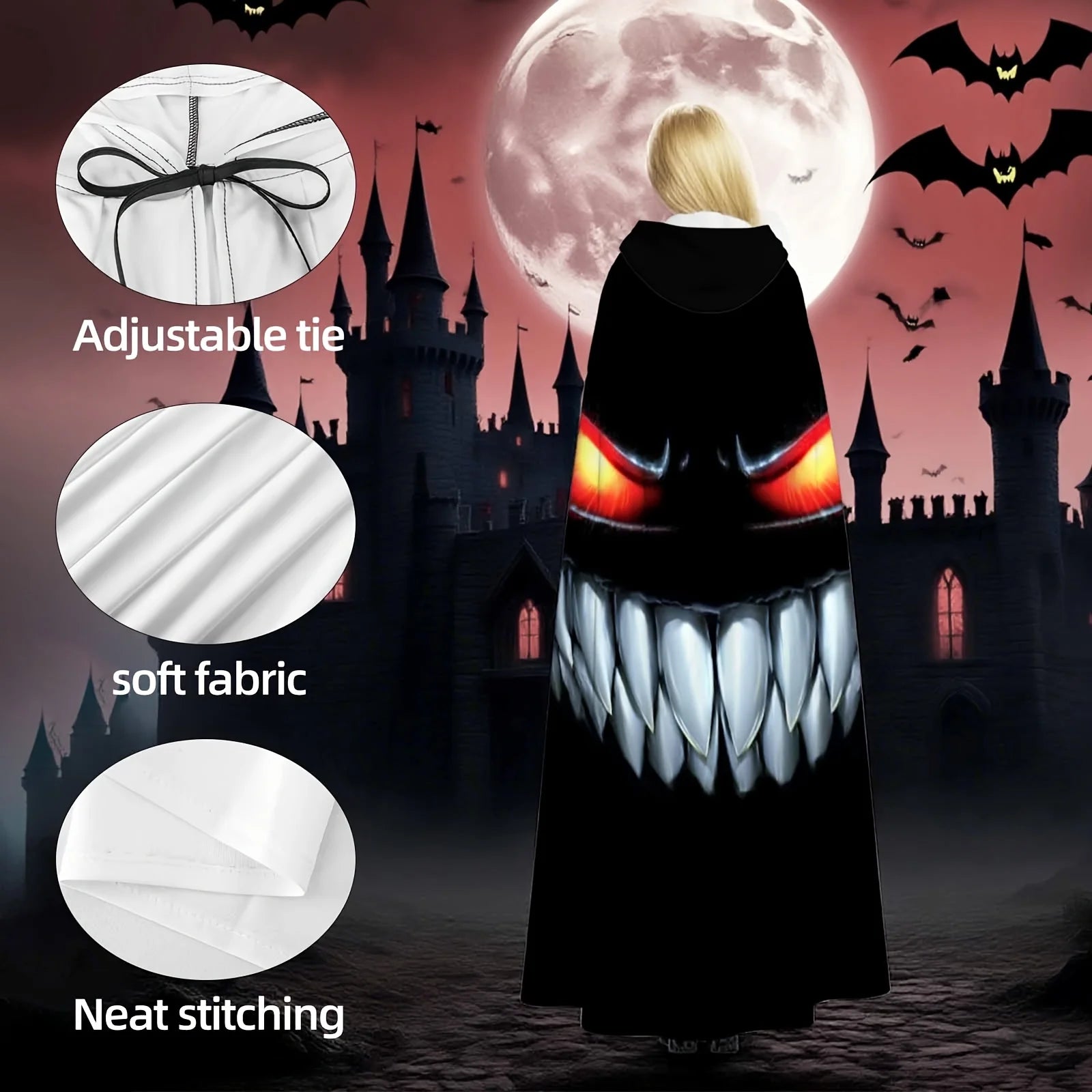 Nightmare Grin Costume Cape rear feature guide highlighting the adjustable tie, soft fabric, and neat stitching