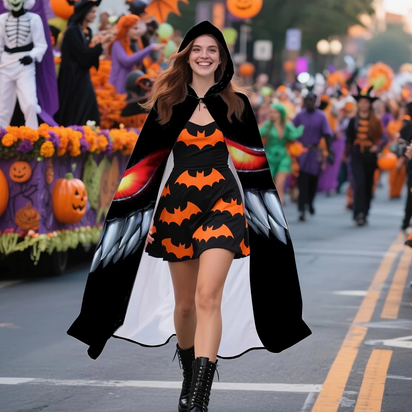 Nightmare Grin Costume Cape alternate front view showing the open cape over an orange-and-black outfit