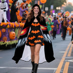 Nightmare Grin Costume Cape front open view showing the hooded black cape layered over a Halloween dress