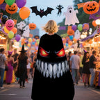 Nightmare Grin Costume Cape worn from behind at a colorful Halloween festival with balloons and decorations