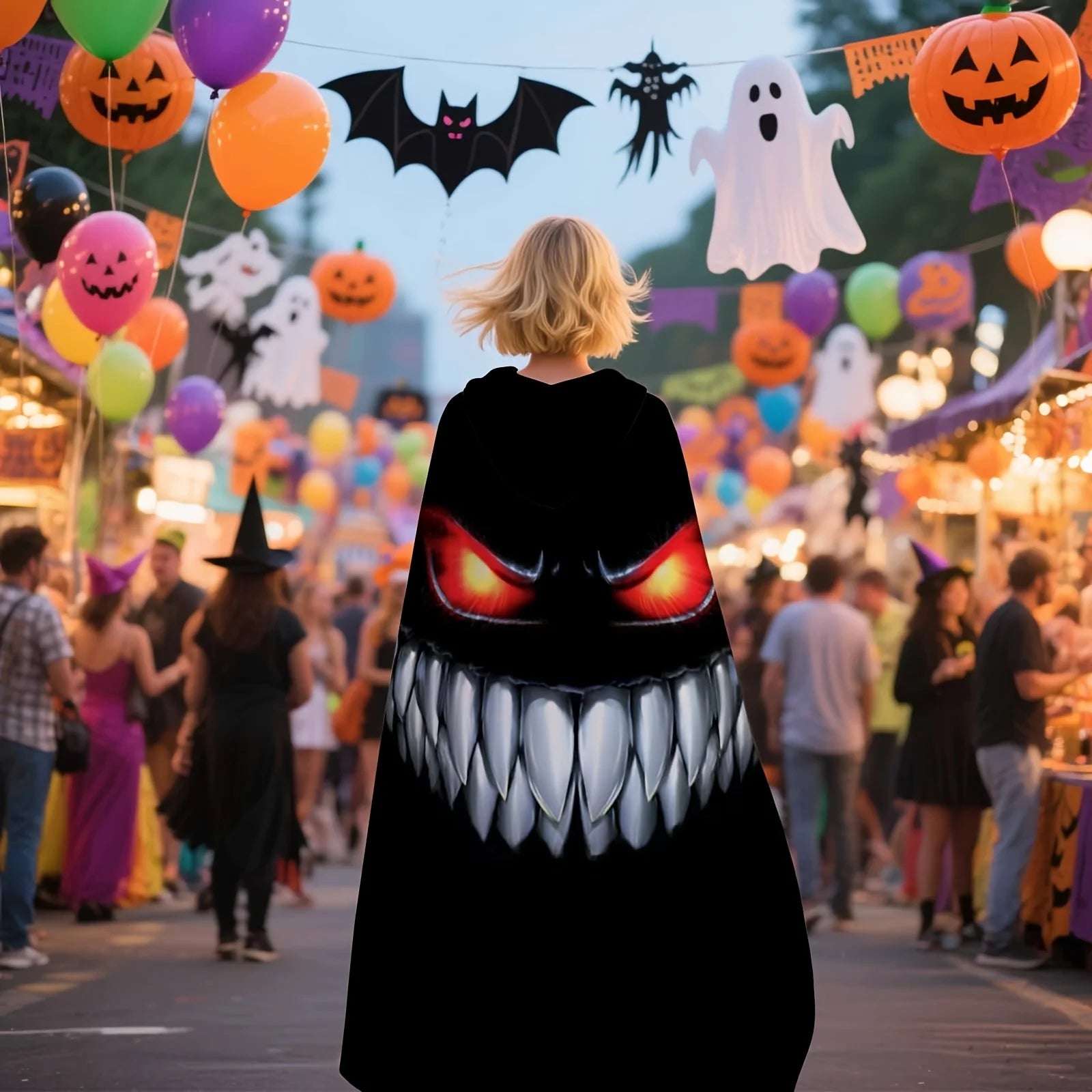 Nightmare Grin Costume Cape worn from behind at a colorful Halloween festival with balloons and decorations