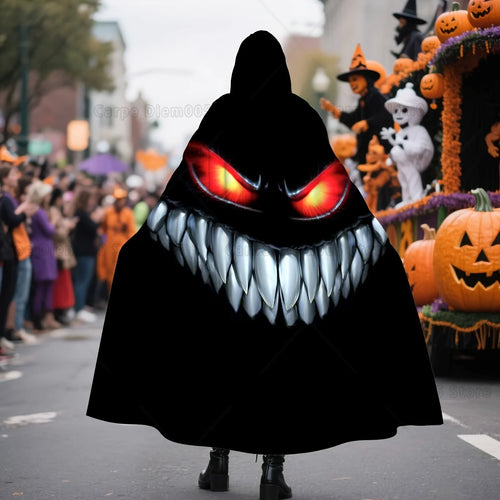 Nightmare Grin Costume Cape worn from behind during a Halloween street parade with the monster face visible