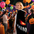 Nightmare Grin Costume Cape side view at a Halloween party showing the red-eye and sharp-tooth print