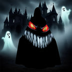 Nightmare Grin Costume Cape rear view near a haunted castle with ghost decorations in the background
