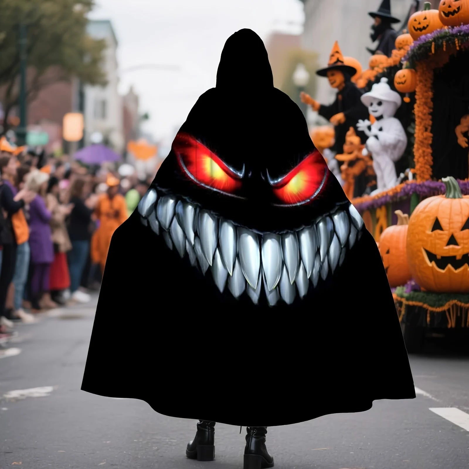 Nightmare Grin Costume Cape alternate rear parade view with the glowing-look eyes and tooth graphic centered