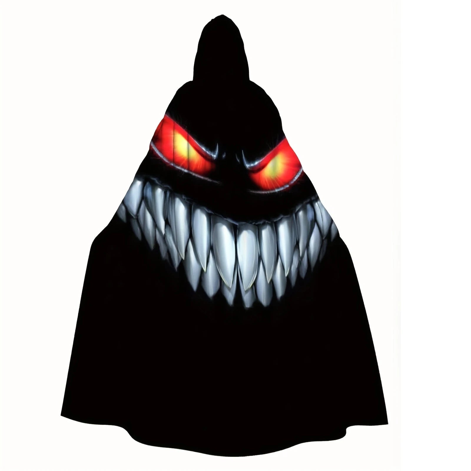 Nightmare Grin Costume Cape full product view showing the black hood and printed red eyes with sharp teeth