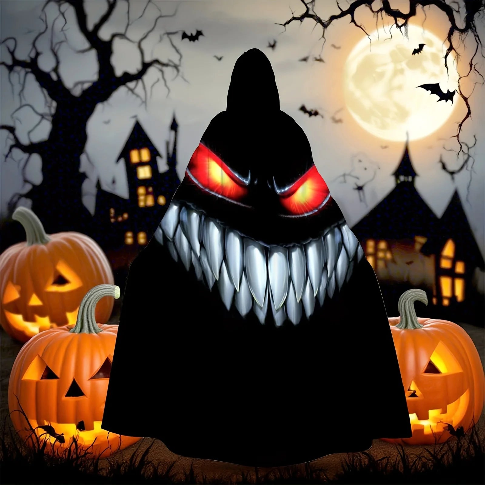Nightmare Grin Costume Cape alternate Halloween pumpkin display with the complete printed face visible