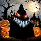 Nightmare Grin Costume Cape displayed in a moonlit pumpkin scene with the full monster-face print visible