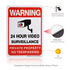 No Trespassing Security Sign feature diagram showing corner mounting holes and a close-up of the sign edge.