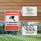 No Trespassing Security Sign mounting guide showing wall screws and fence zip ties, both sold separately.