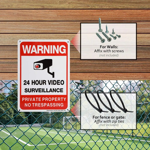 No Trespassing Security Sign mounting guide showing wall screws and fence zip ties, both sold separately.
