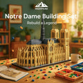 Highpeak Notre Dame building set on a table with colorful pieces and a cup.