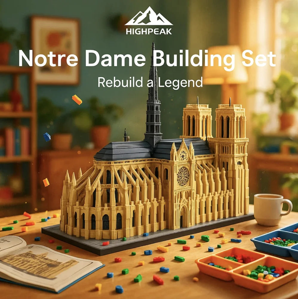 Highpeak Notre Dame building set on a table with colorful pieces and a cup.
