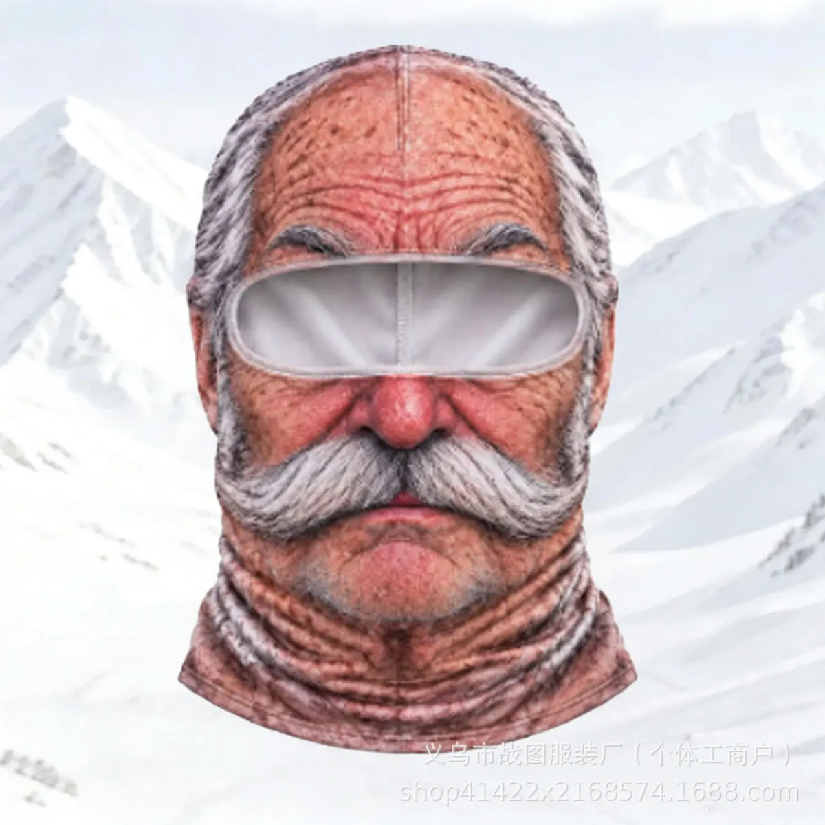 Old Man Ski Mask Big Mustache style with gray hair, a large white mustache and a wide eye opening