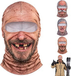 Old Man Ski Mask Missing Teeth close-up with smaller views of other designs and a wearer holding skis