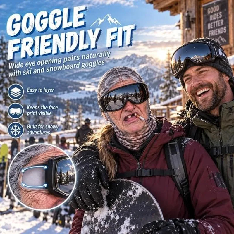 Old Man Ski Mask Smoking + Missing Teeth design worn with goggles beside a friend at a mountain lodge