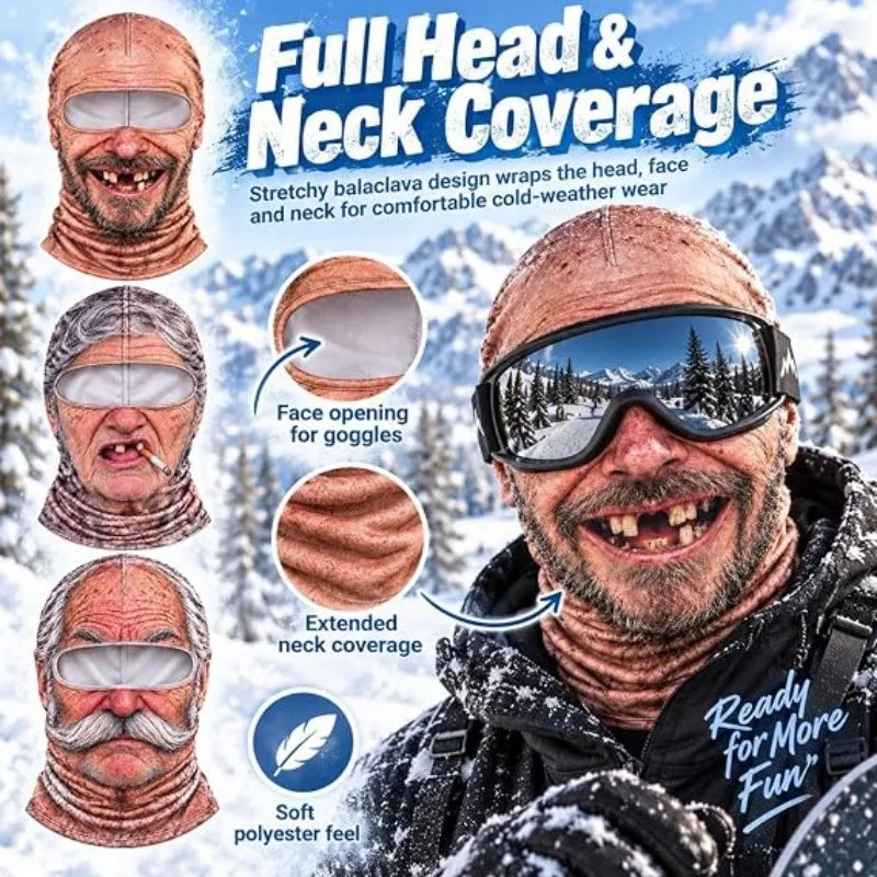 Old Man Ski Mask collage highlighting the wide eye opening and extended printed neck section