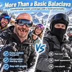 Old Man Ski Mask Missing Teeth design compared with a plain black balaclava on a snowy slope