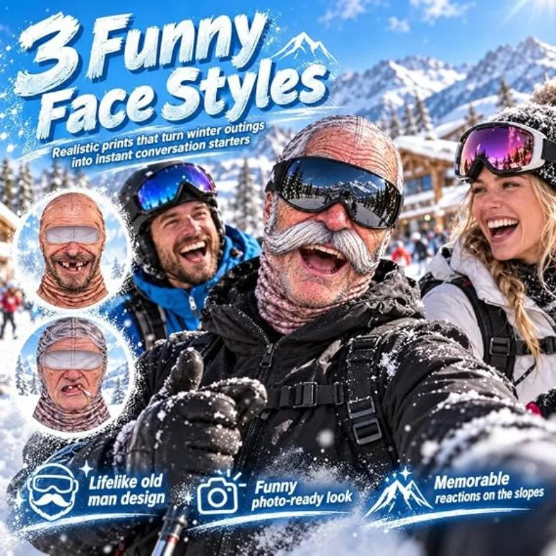 Old Man Ski Mask supplier collage showing face-print styles and friends posing for a ski-trip selfie