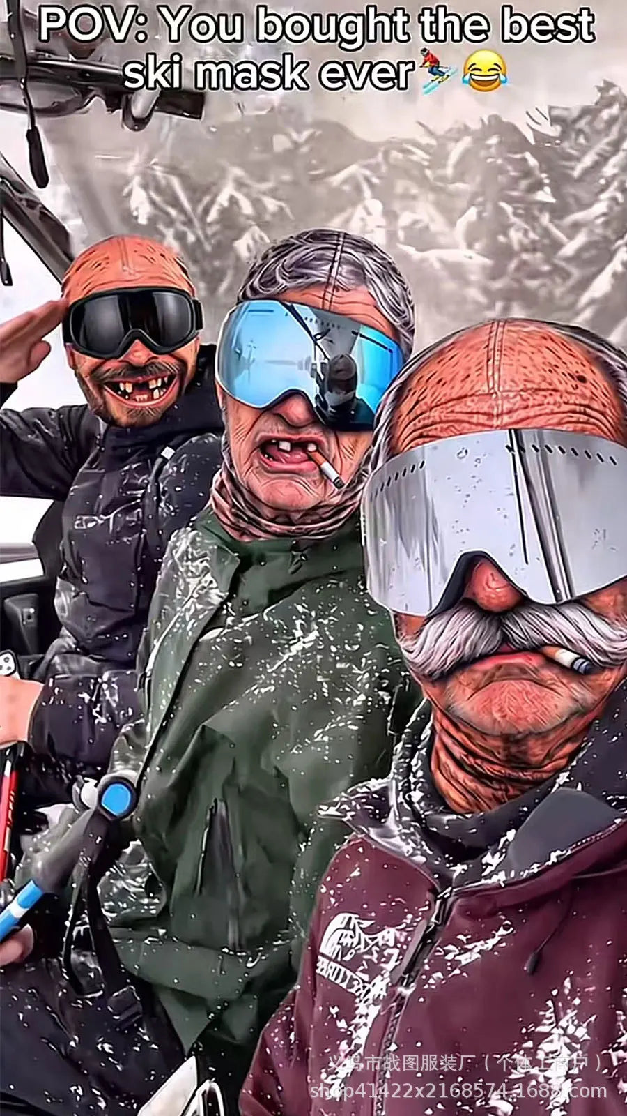 Old Man Ski Mask worn by three friends with mirrored goggles seated together on a snowy ski lift