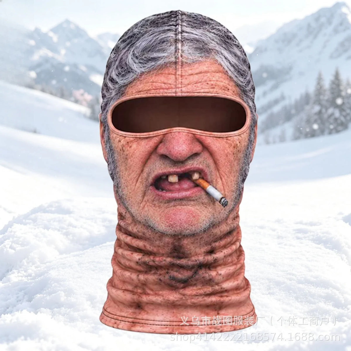 Old Man Ski Mask Smoking + Missing Teeth style with printed gray hair and a cigarette