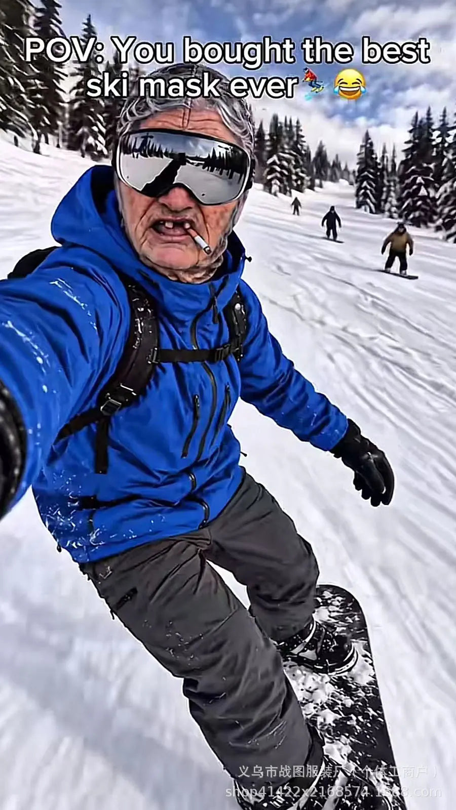 Old Man Ski Mask Smoking + Missing Teeth style worn with goggles by a snowboarder in a blue jacket