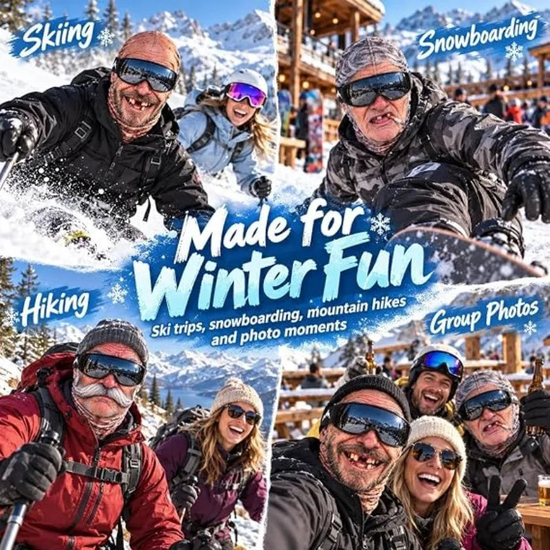 Old Man Ski Mask collage showing the masks during skiing, snowboarding, hiking and group photos
