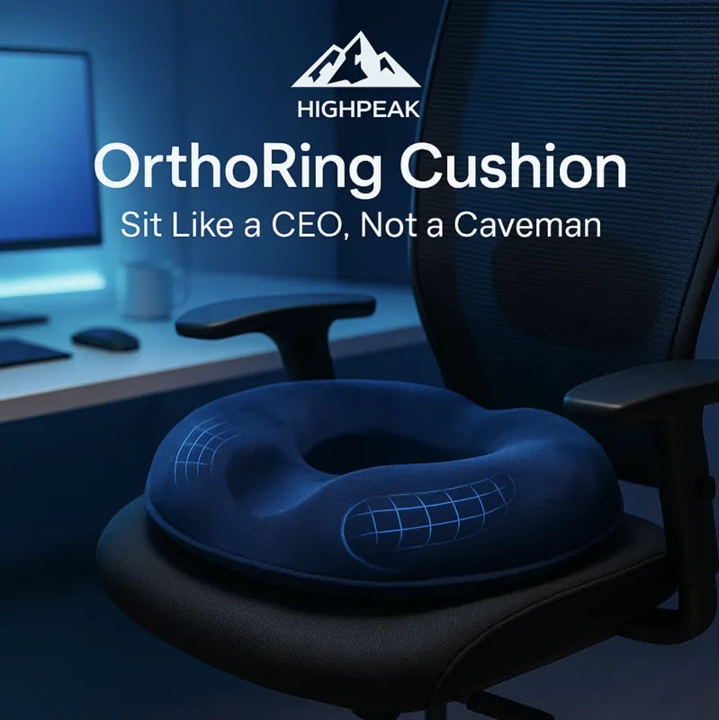 HighPeak OrthoRing Cushion in navy blue memory foam on black office chair for ergonomic tailbone support and comfort