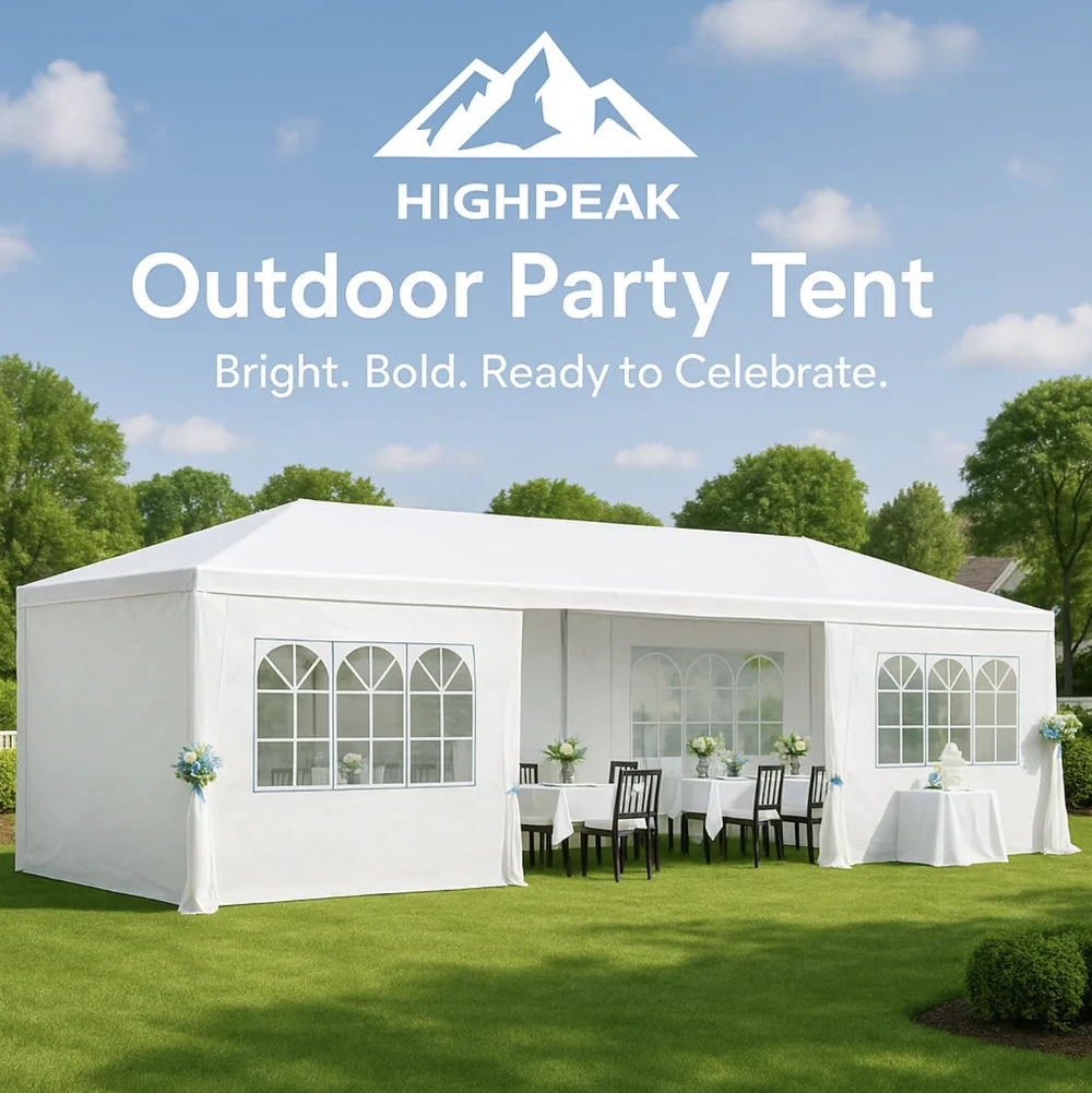 HighPeak Outdoor Party Tent in white with arched windows, set up for an elegant outdoor event on green grass