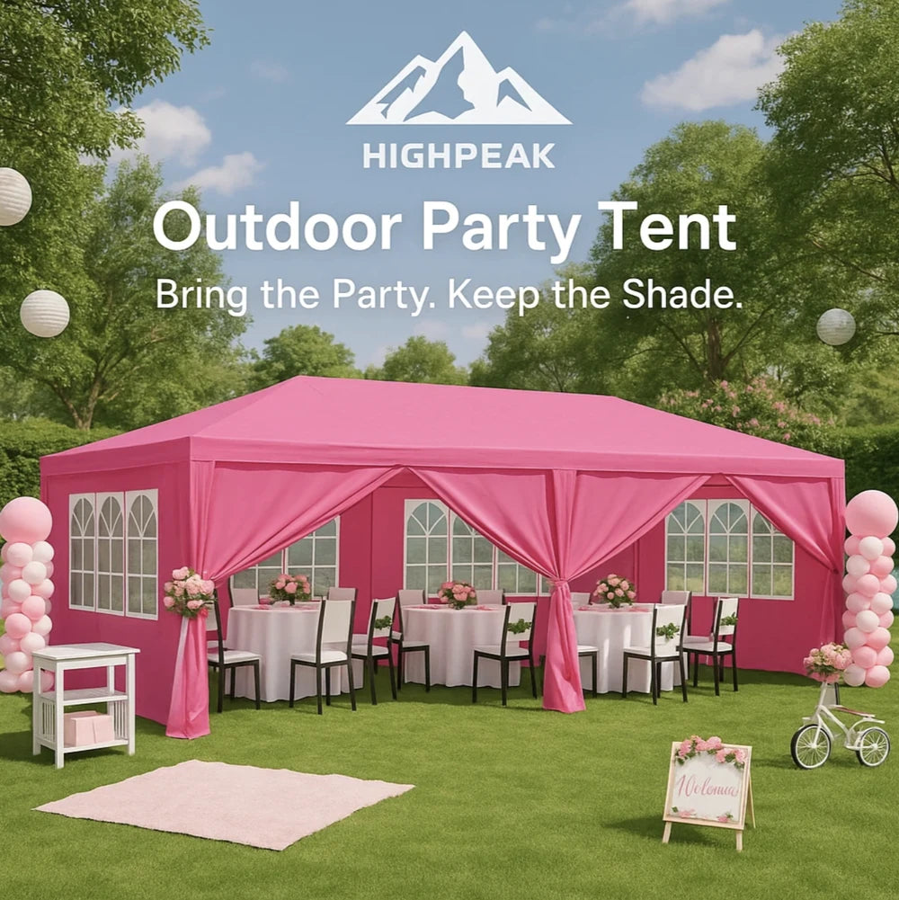 HighPeak Outdoor Party Tent in pink with arched windows, decorative curtains, and party setup on a grassy backyard