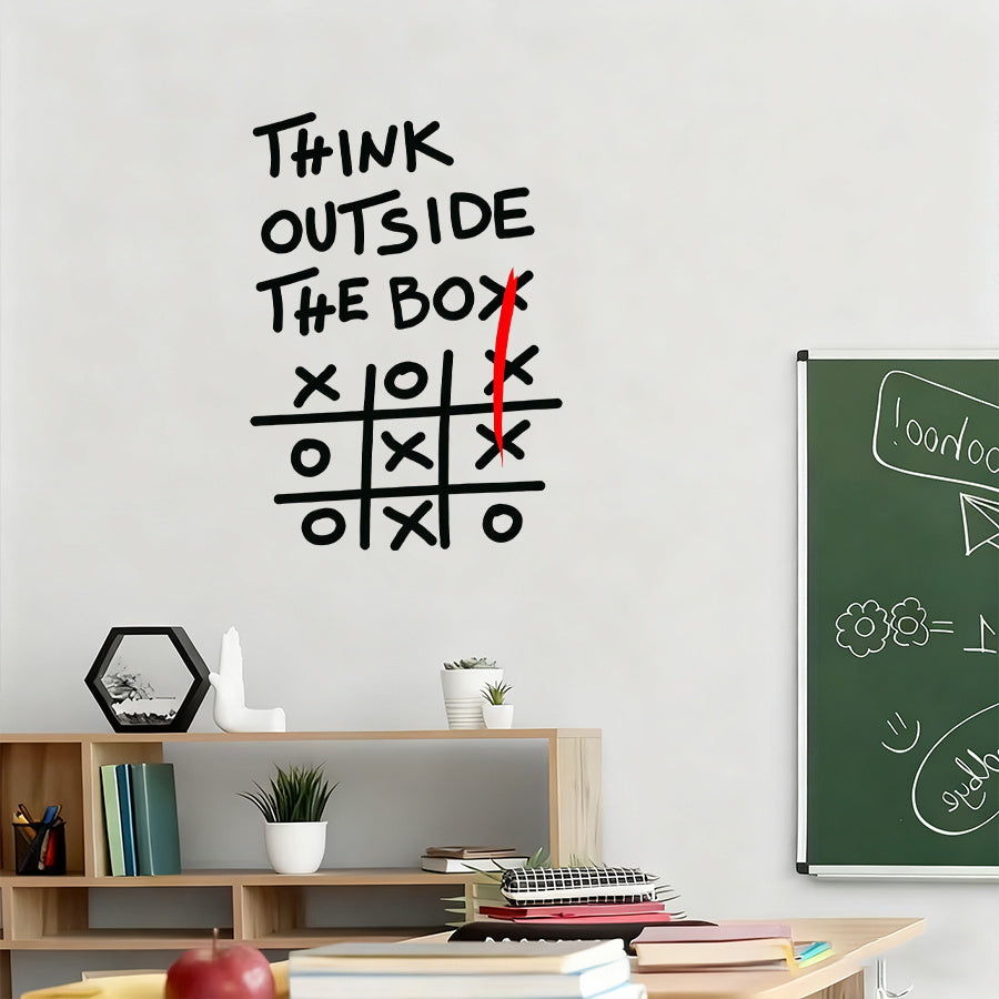 Outside The Box Decal featuring a tic-tac-toe grid above classroom shelves with books and small plants