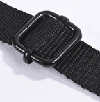 Closeup of the black adjustment buckle and woven strap on the cervical traction sling