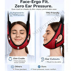 Front and side views of a red cervical traction sling highlighting the chin cradle and ear openings