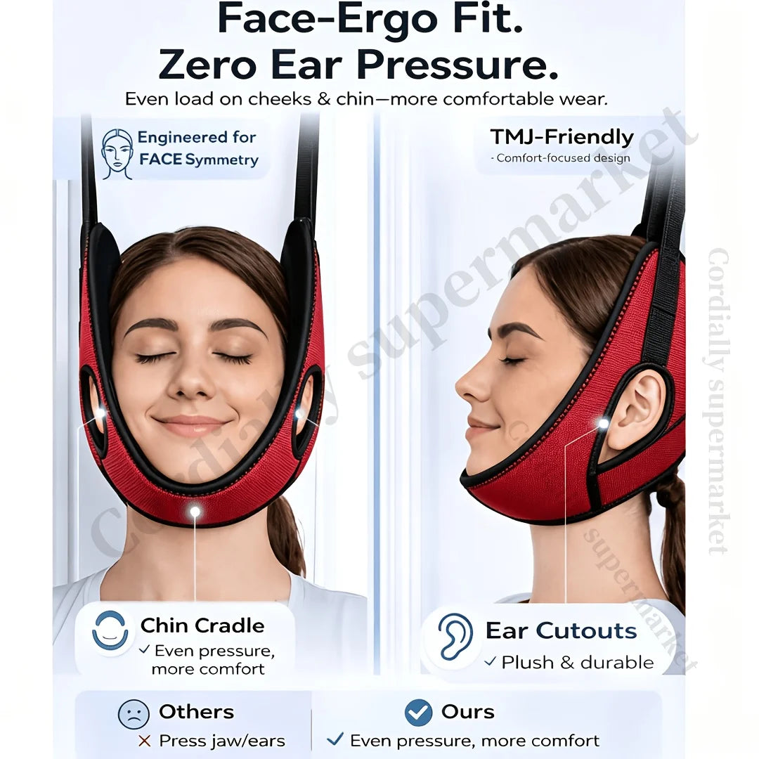 Front and side views of a red cervical traction sling highlighting the chin cradle and ear openings