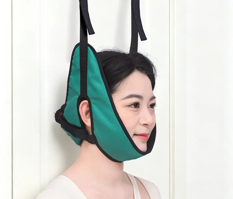 Green cervical traction sling shown on a woman at a door in a supplier example; listing variant is Red
