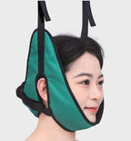 Close side view of a woman wearing a green cervical traction sling in a supplier example