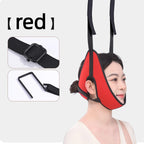 Red Over-Door Cervical Traction sling worn by a woman, with buckle and door-hook closeups