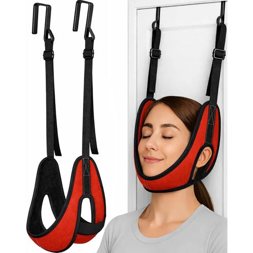 Red and black cervical traction sling with two door hooks beside a woman wearing it at a door