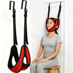 Red Over-Door Cervical Traction straps and hooks beside a seated woman at a white door