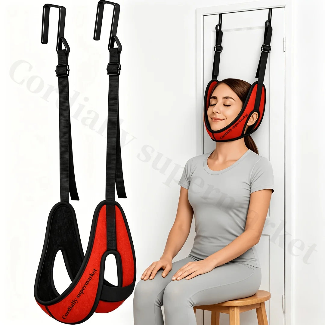 Red Over-Door Cervical Traction straps and hooks beside a seated woman at a white door
