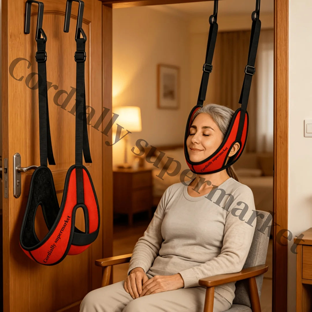 Red cervical traction sling and straps beside an older woman seated in a doorway