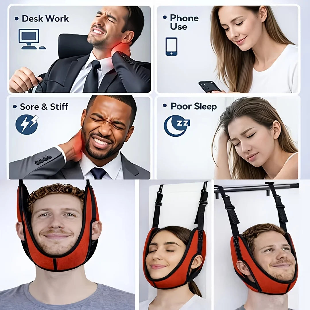 Supplier collage of desk work, phone use and neck discomfort scenes above adults wearing the red traction sling