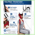 Supplier cervical traction setup graphic showing strap adjustment, door hooks and sling positioning