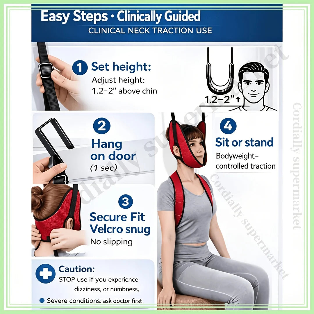 Supplier cervical traction setup graphic showing strap adjustment, door hooks and sling positioning